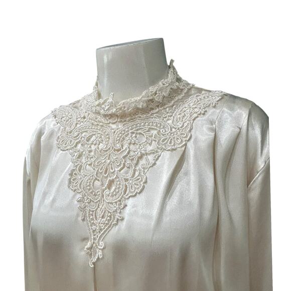 Vintage Pierre Cardin Ivory Satin Blouse Lace High Neck Victorian Romantic XL - - Picture 2 of 5